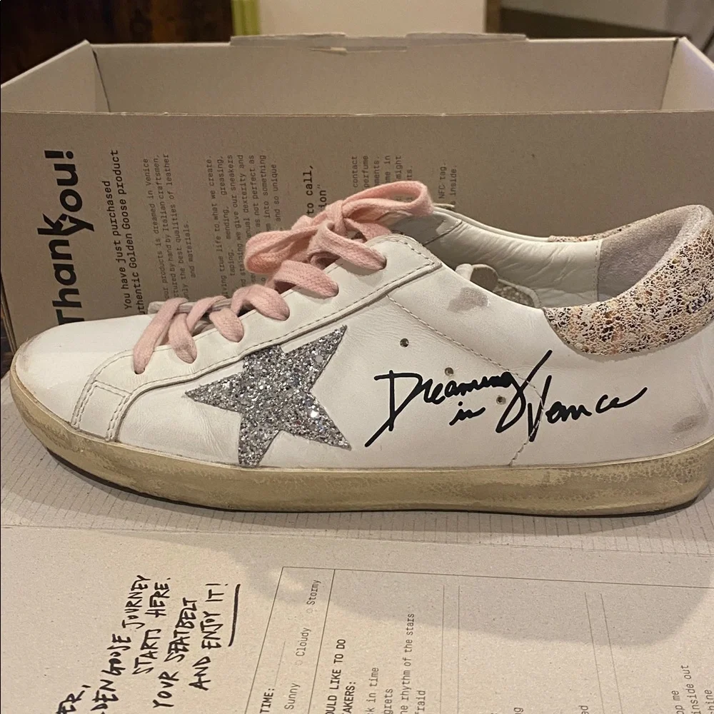Authentic Golden Goose White Sneakers with Pink Laces and Glitter Star - Picture 2 of 10